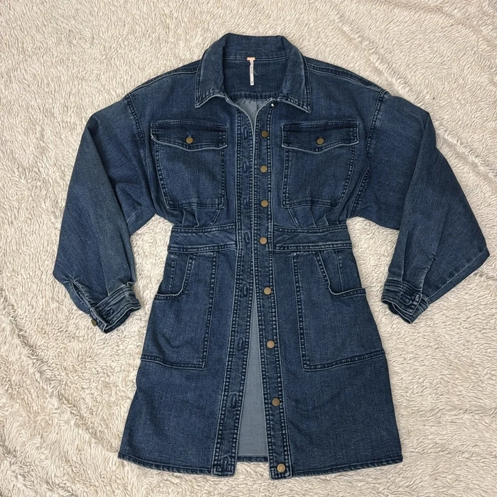 Free People Dark Wash Denim Long Sleeve Botton-Front Mini Dress  size XS - Picture 7 of 16
